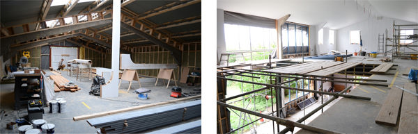 Half built workshop already in use.Top floor of tall barn, waiting for windows.