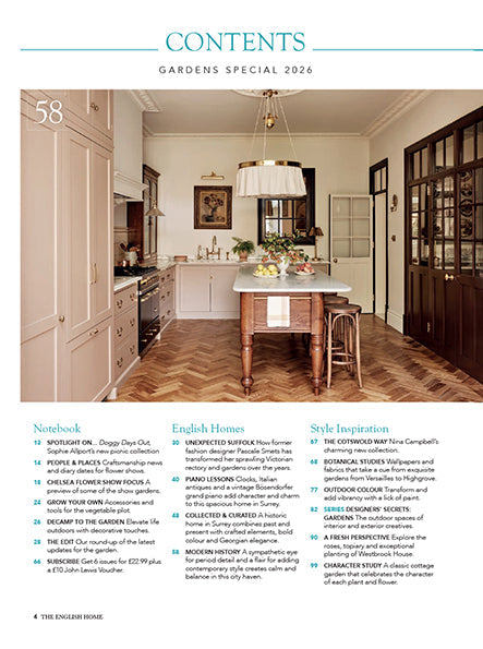 A page of a magazine, at the top written in blue is 'Contents'. Below is a landscape image of a soft pink kitchen with a traditional look. Below this are three columns of text.