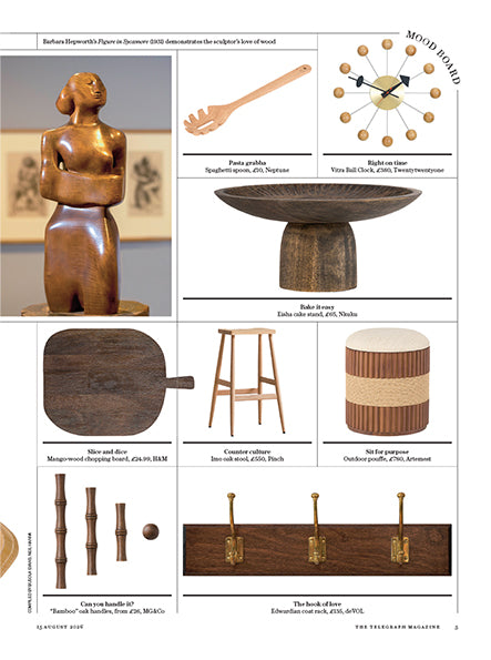 A page of a magazine showing multiple wooden homeware products, such as a kitchen stool, a bowl, a hook rack and cupboard handles. They're all cut outs and on a white background.