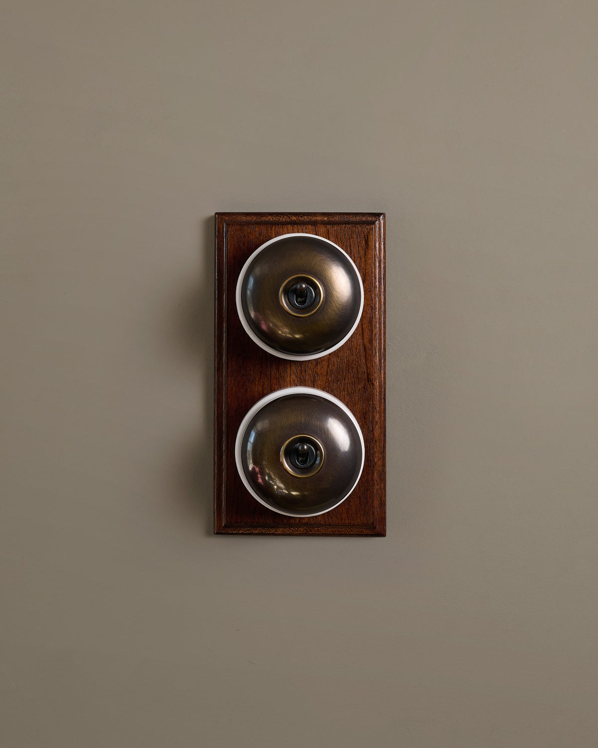 The Dolly Toggle Switch (2 Gang & Mahogany Finish Pattress) - Oxidised Brass with White Base. TEST