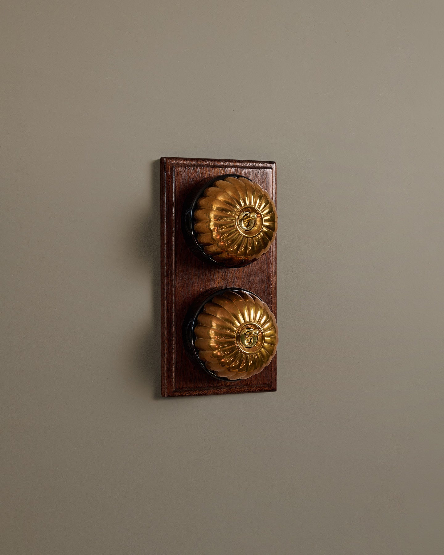 The Jelly Toggle Switch (2 Gang & Mahogany Finish Pattress) - Heirloom Brass with Black Base.