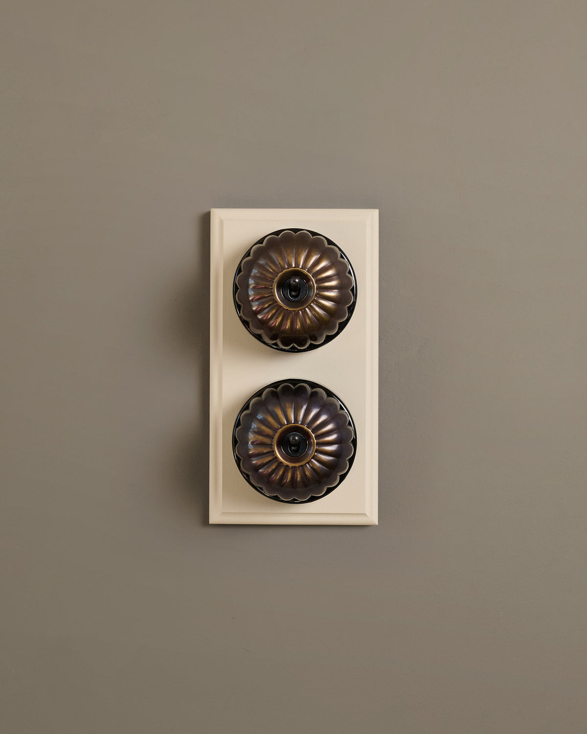 The Jelly Toggle Switch (2 Gang & Primed Maple Pattress) - Oxidised Brass with Black Base. TEST
