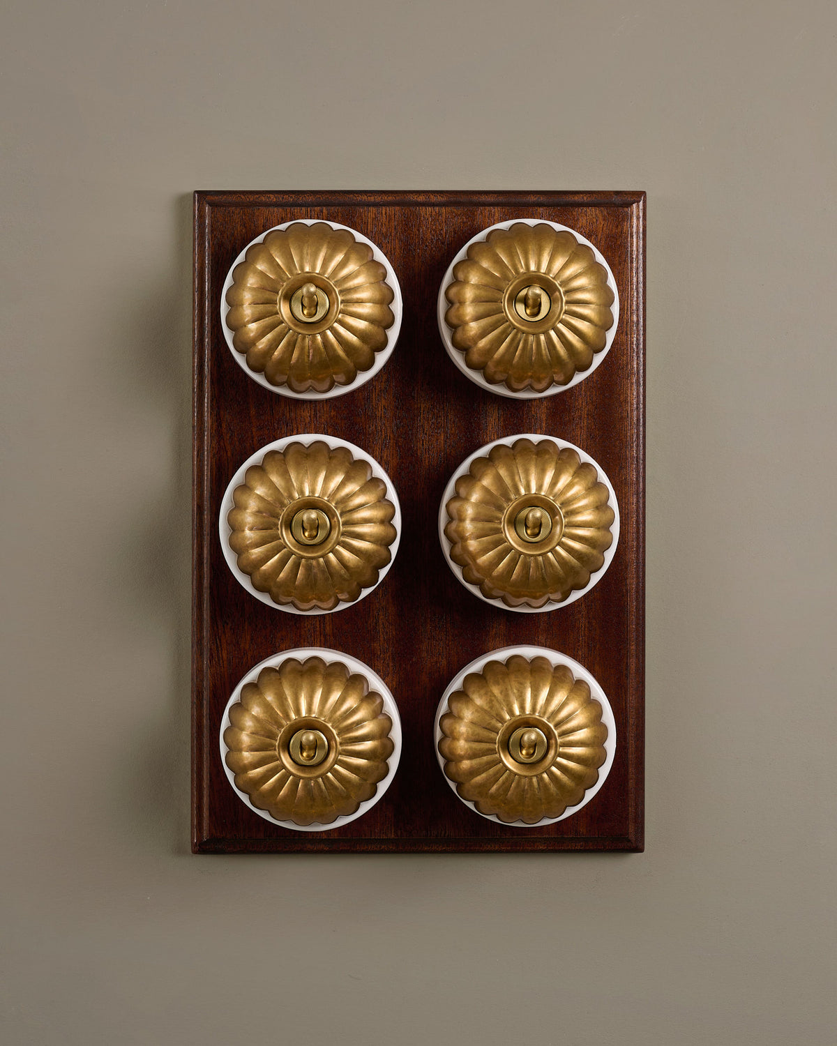The Jelly Toggle Switch (6 Gang & Mahogany Finish Pattress) - Aged Brass with White Base. TEST