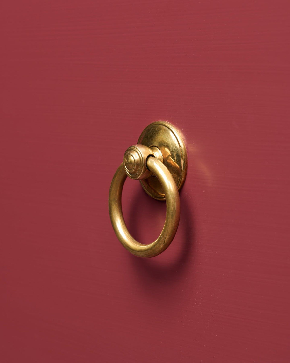 An oblique view of a Victorian-inspired ring pull handle in a warm burnished brass finish, fitted to a red painted cupboard drawer. TEST