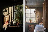 Nestled between a long sink run with a Carrara marble and copper worktop and countertop cupboards, the warm and inviting Haberdasher’s kitchen is adorned with luscious green hanging and potted plants, vintage items, artisan ceramics, illustrative tea towels, paintings, and a beloved white gas stove. This kitchen creates a lovely exhibitionist space that is both beautiful and practical.