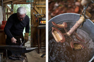 Our in-house blacksmith in his metal workshop where he hand-makes each ironmongery product. There is also an image of the cup handles, being quenched.