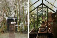 The image on the left is a antique gate to the Cotes Mill's secret garden and a flock of white doves flying in front of it. The second image is an inside view of the Cotes Mill's greenhouse.