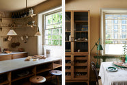 A cosy and sophisticated Haberdasher’s kitchen features a cooker run with a Carrara marble worktop, a small prep table, bespoke curved shelves, and muted yellow walls. Beautifully decorated with Creedy stools, a deVOL Heirloom gaselier light, Heirloom wall lights, aged brass hanging rails, copper pans, focaccia bread, vintage items, and artisan ceramics, this kitchen creates a bright and warm space.