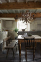 A vintage wooden dining table, bench, and single chair sit in a simple English farmhouse kitchen at deVOL’s headquarters, Cotes Mill. Low-exposed wooden beams and worn floorboards add rustic character, while textured off-white walls enhance the charm. The Shaker kitchen, including its island, is painted in Mushroom—a soft, timeless beige.