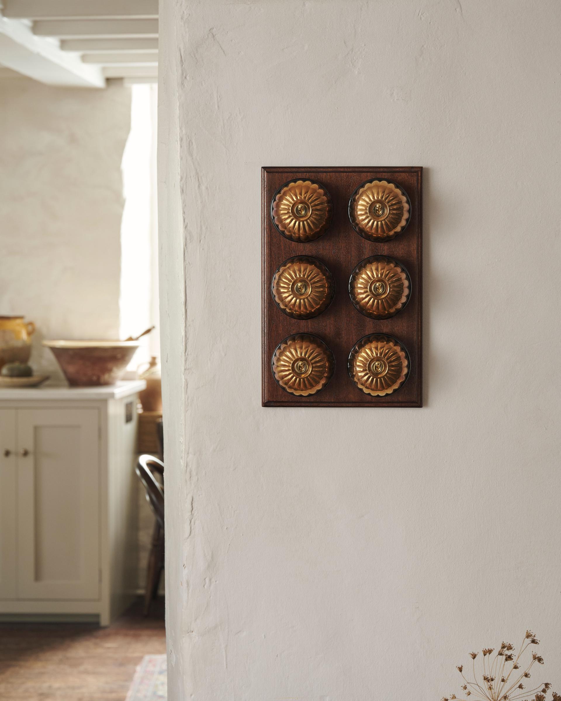 A 6 gang bank of Jelly toggle light switches in an Heirloom Brass finish, with black ceramic bases and a Stained Sapele pattress.
