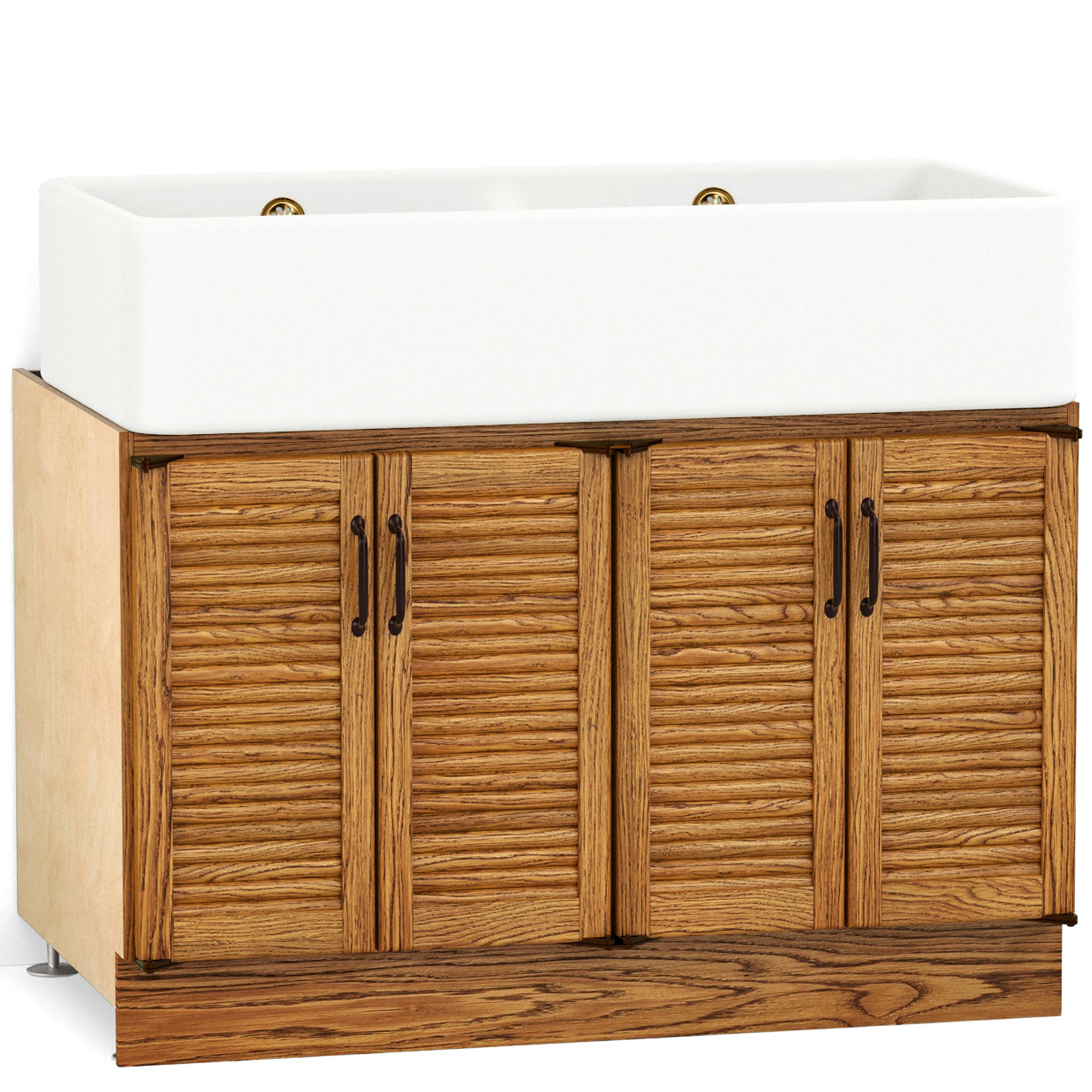 A render of an oak kitchen sink cabinet from deVOL's Haberdasher's range, with two sets of short tambour doors and a ceramic Belfast sink.