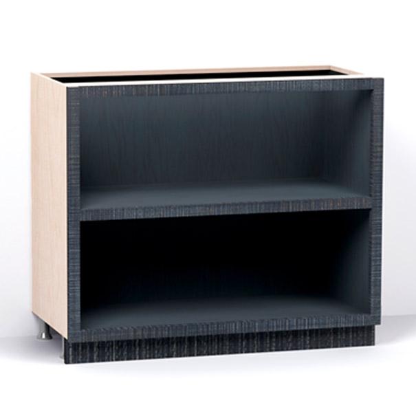 A render of an open kitchen base cabinet with a single fixed shelf from deVOL's Sebastian Cox range.