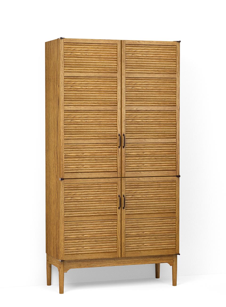 A render of an oak freestanding pantry cupboard from deVOL's Haberdasher's range, with two sets of tambour doors, three fitted shelves at the top and four sliding drawers at the bottom.