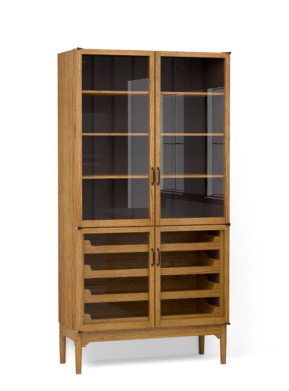 A render of an oak freestanding pantry cupboard from deVOL's Haberdasher's range, with two sets of glazed doors, three fitted shelves at the top and four sliding drawers at the bottom.