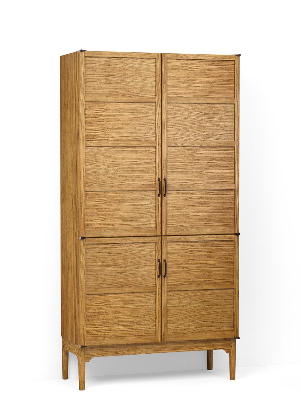 A render of an oak freestanding pantry cupboard from deVOL's Haberdasher's range, with two sets of panel doors, three fitted shelves at the top and four sliding drawers at the bottom.