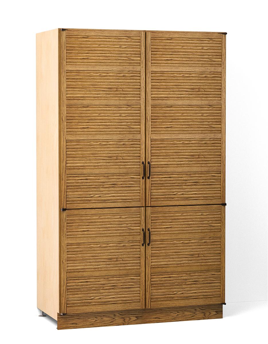 A render of an oak full height larder cupboard from deVOL's Haberdasher's range.