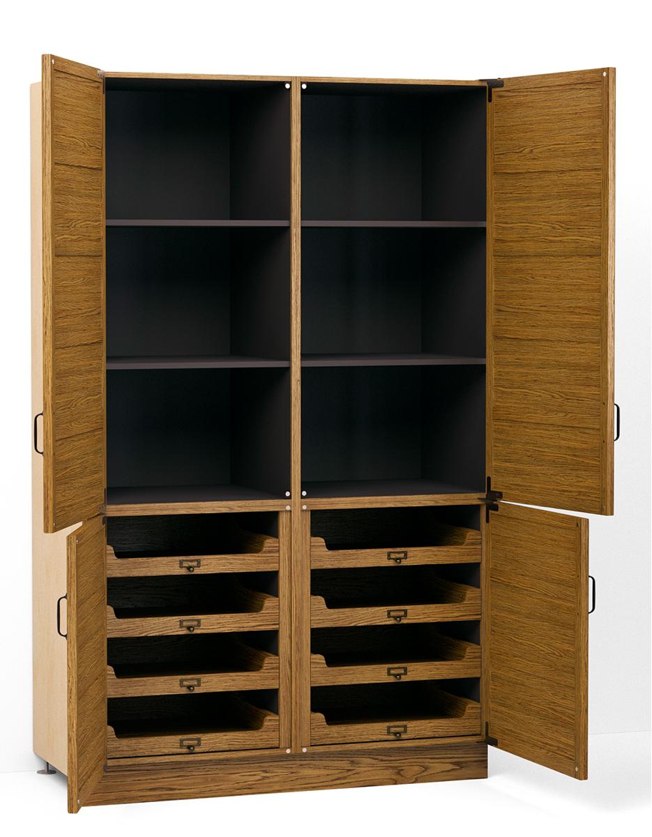 A render of an oak full height larder cupboard from deVOL's Haberdasher's range.