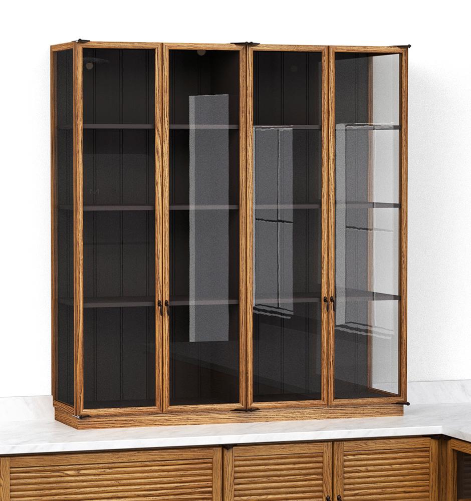 A render of an oak kitchen countertop cupboard with glazed doors from deVOL's Haberdasher's range.