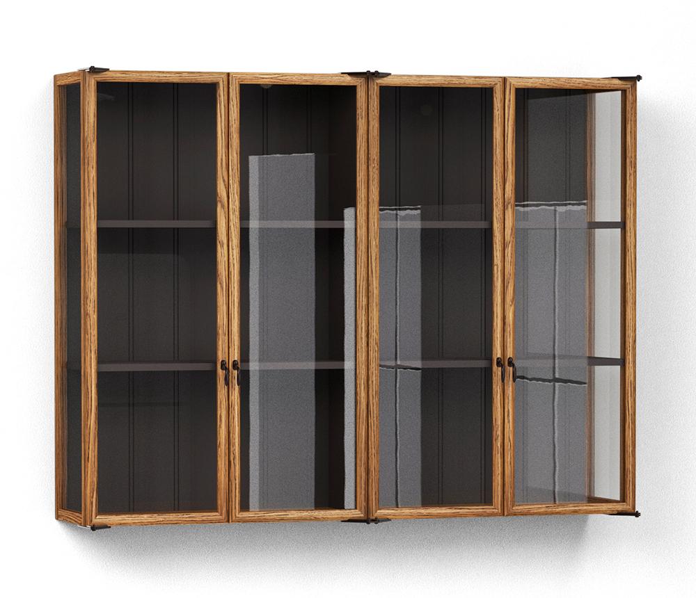 A render of an oak kitchen wall cupboard with glazed doors from deVOL's Haberdasher's range.