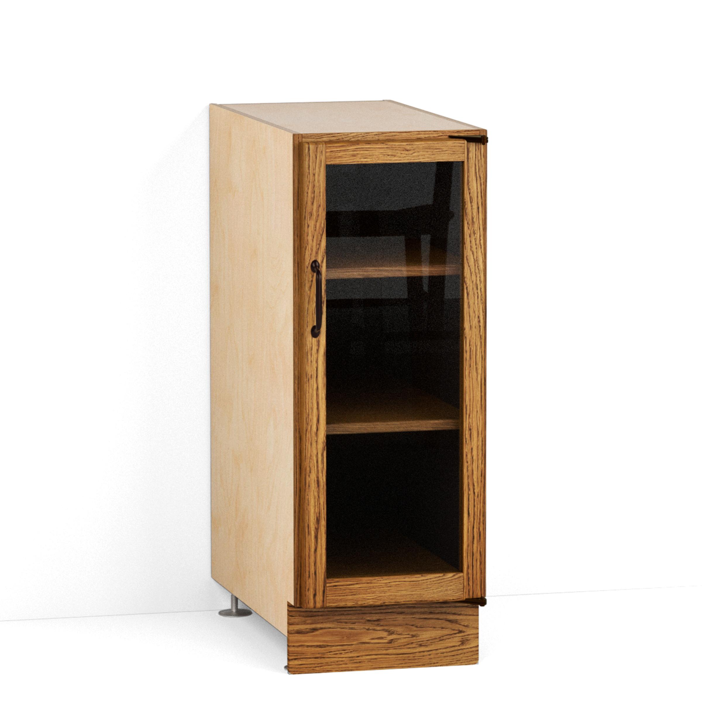 A render of an oak kitchen base cabinet with glazed doors from deVOL's Haberdasher's range.