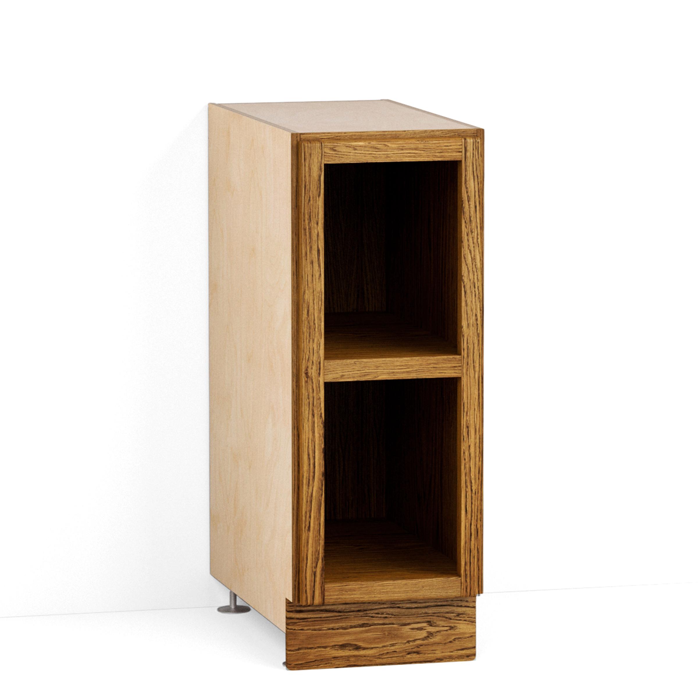 A render of an oak kitchen base cabinet with a single fixed shelf and no doors from deVOL's Haberdasher's range.