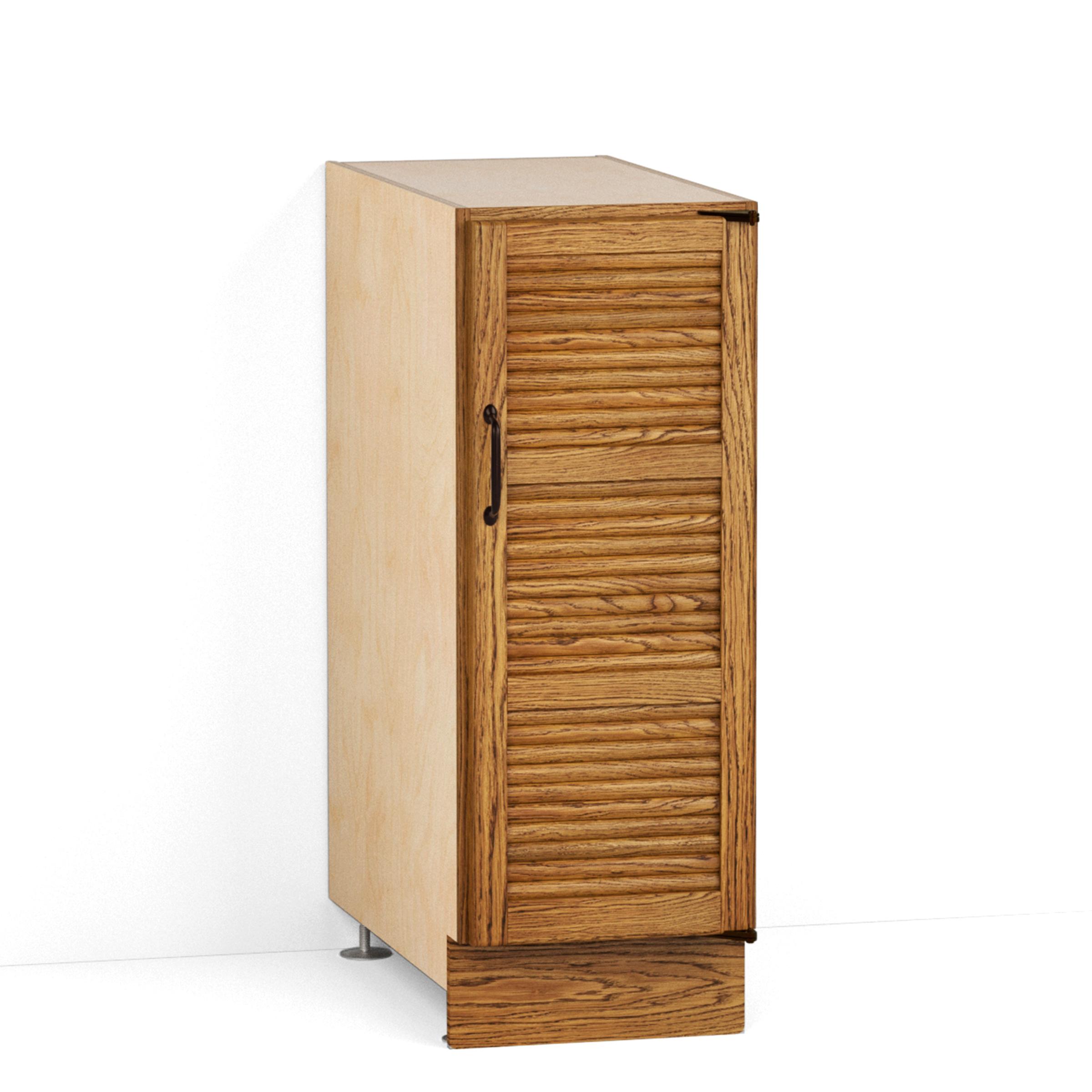 A render of an oak kitchen base cabinet with tambour doors from deVOL's Haberdasher's range.