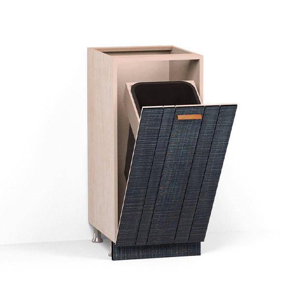 A render of a single bin cabinet from deVOL's Sebastian Cox range, with a pull-down door made from individual planks and finished with an inky-blue stain and band-sawn texture.