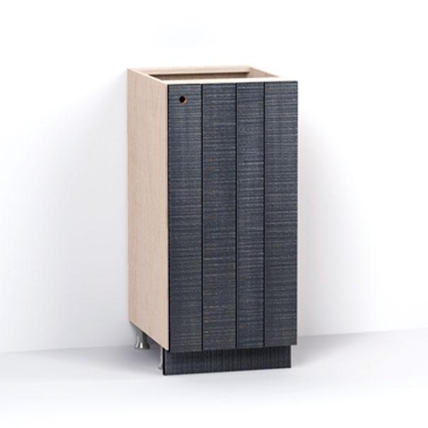 A render of a base cabinet from deVOL's Sebastian Cox range, with a single door made from individual planks and finished with an inky-blue stain and band-sawn texture.