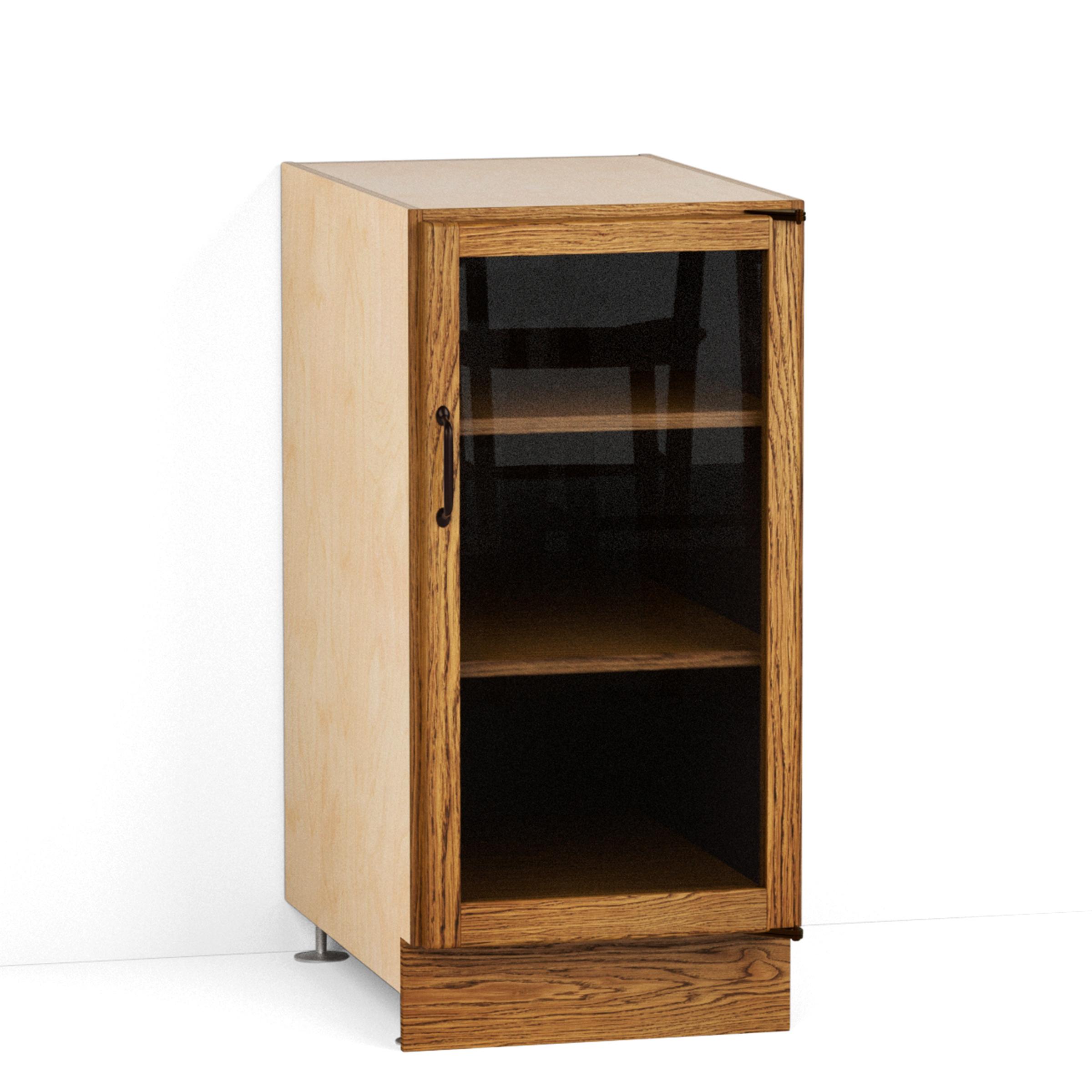 A render of an oak kitchen base cabinet with glazed doors from deVOL's Haberdasher's range.