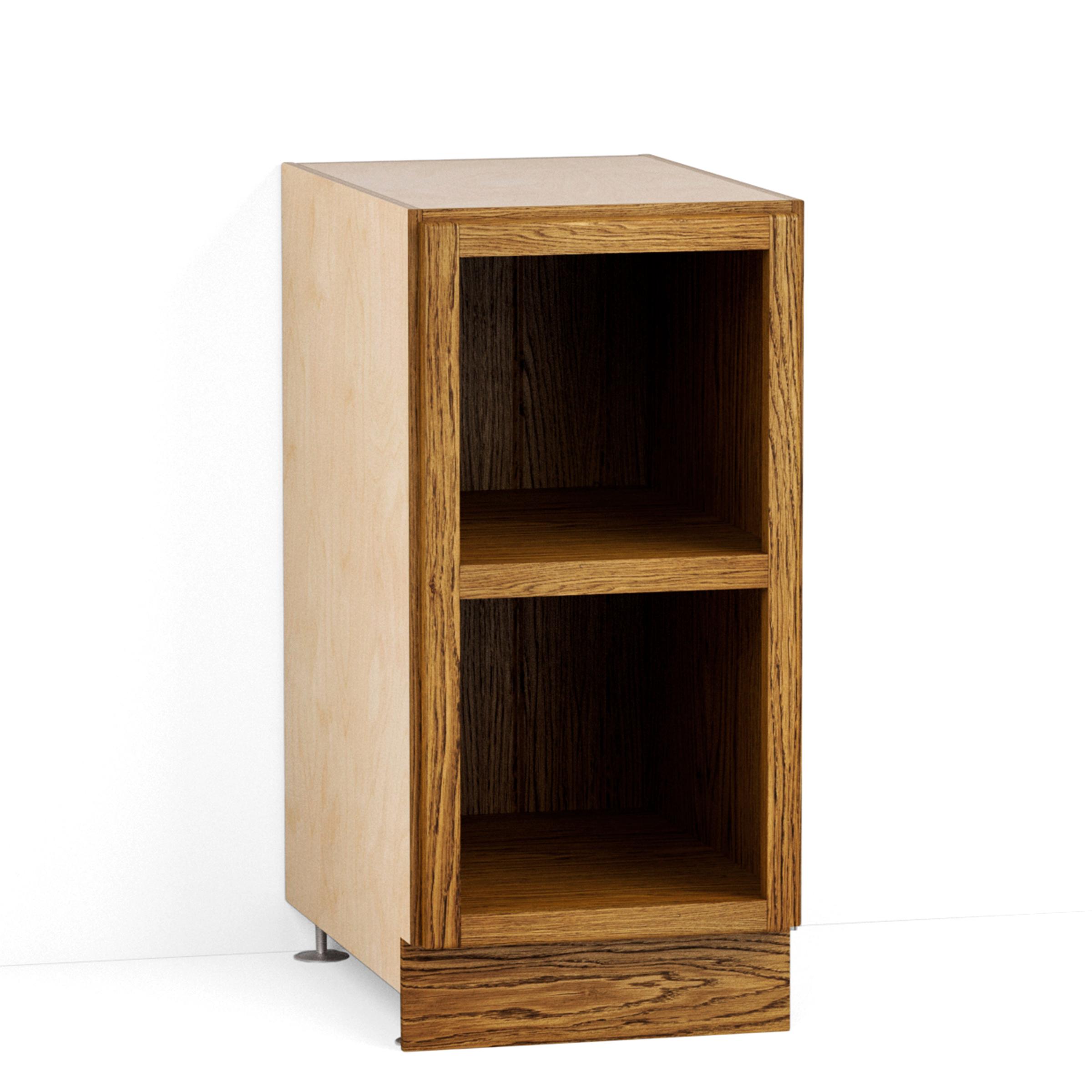 A render of an oak kitchen base cabinet with a single fixed shelf and no doors from deVOL's Haberdasher's range.