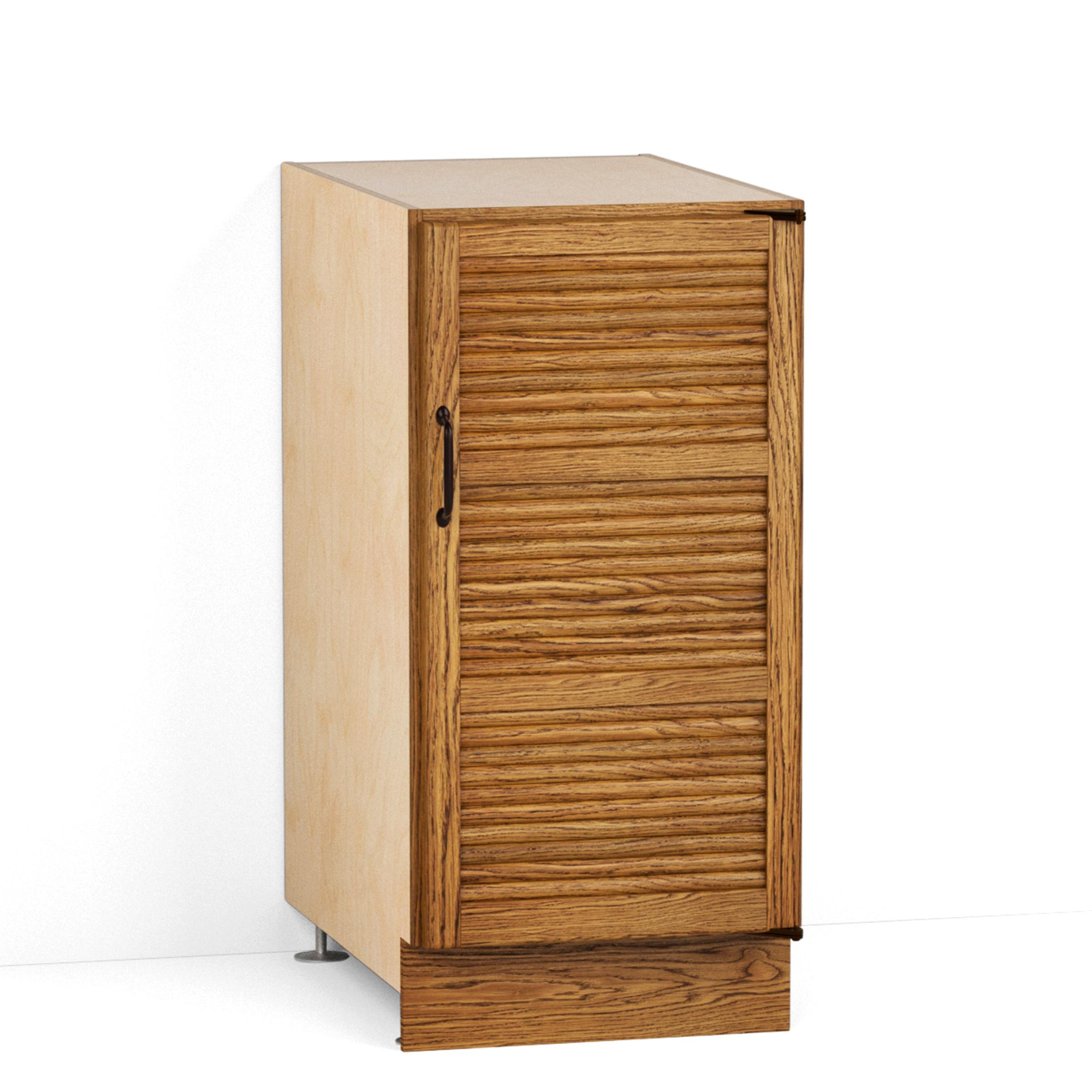 A render of an oak kitchen base cabinet with tambour doors from deVOL's Haberdasher's range.
