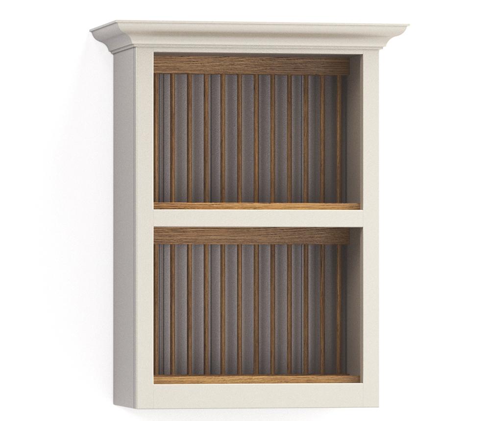 A render of a painted, wall-mounted plate rack from deVOL's Real Shaker range, fitted with oak plate holders.