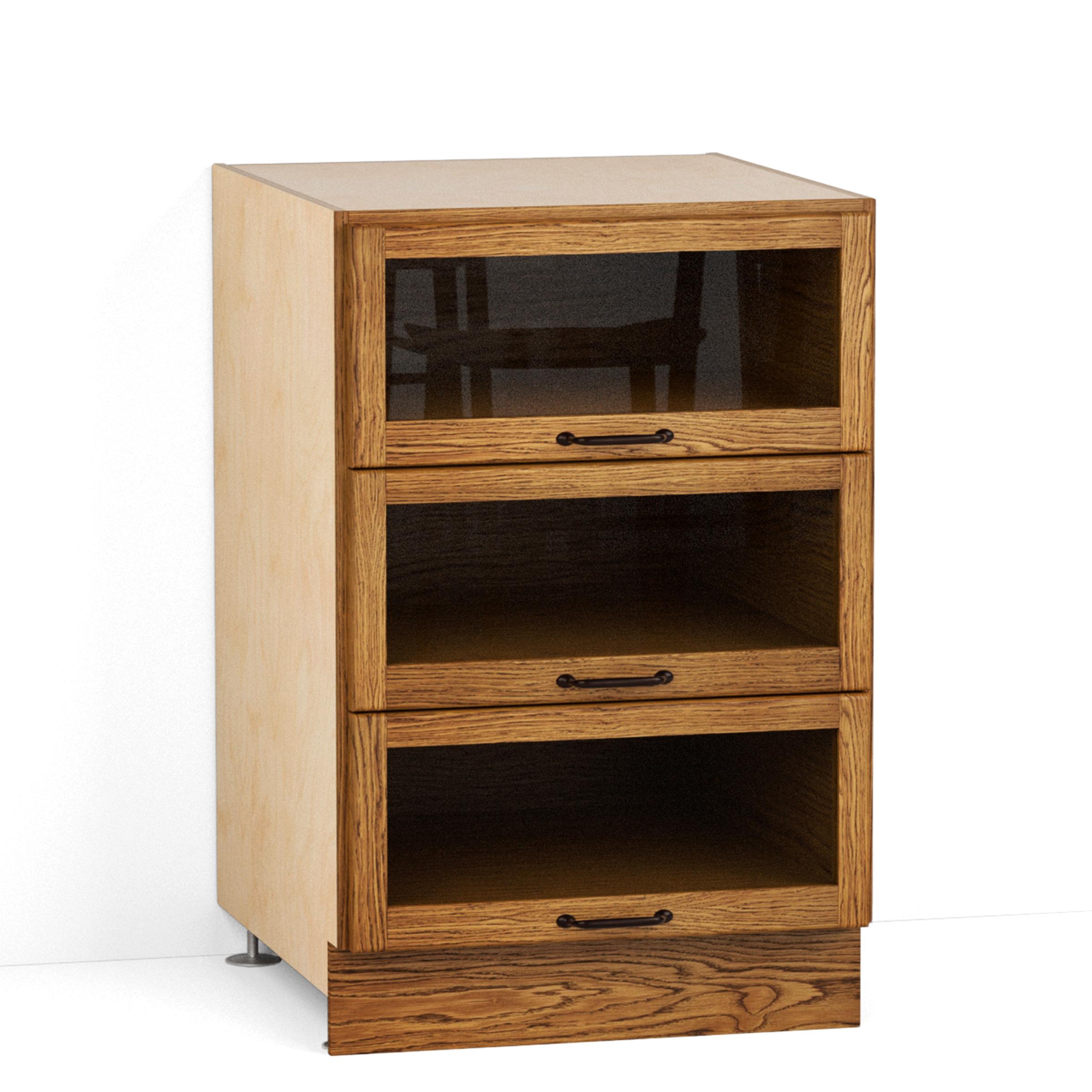 A render of an oak kitchen base cabinet with glazed drawers from deVOL's Haberdasher's range.