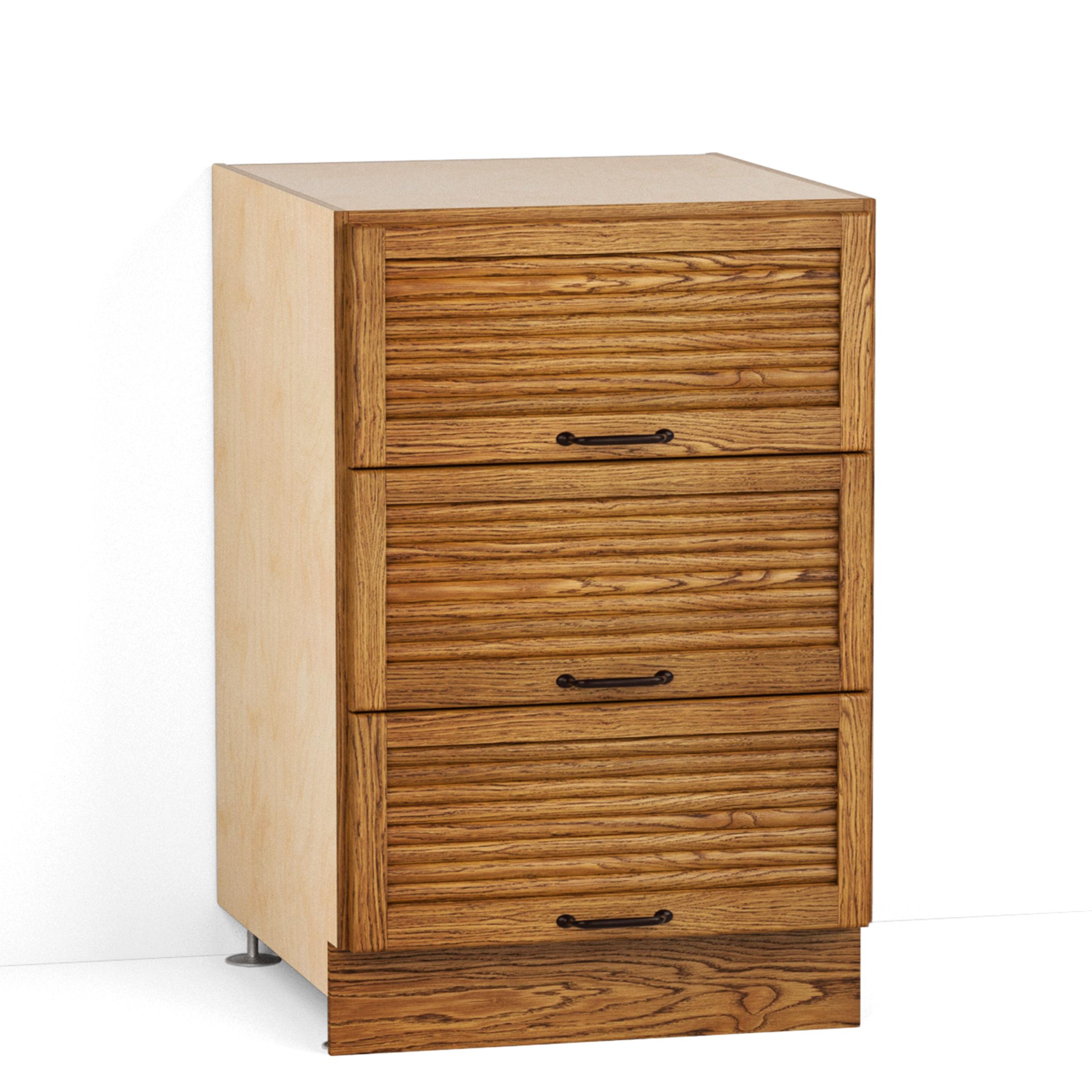 A render of an oak kitchen base cabinet with three tambour drawers from deVOL's Haberdasher's range.