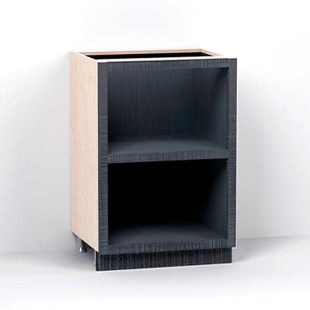 A render of an open kitchen base cabinet with a single fixed shelf from deVOL's Sebastian Cox range.