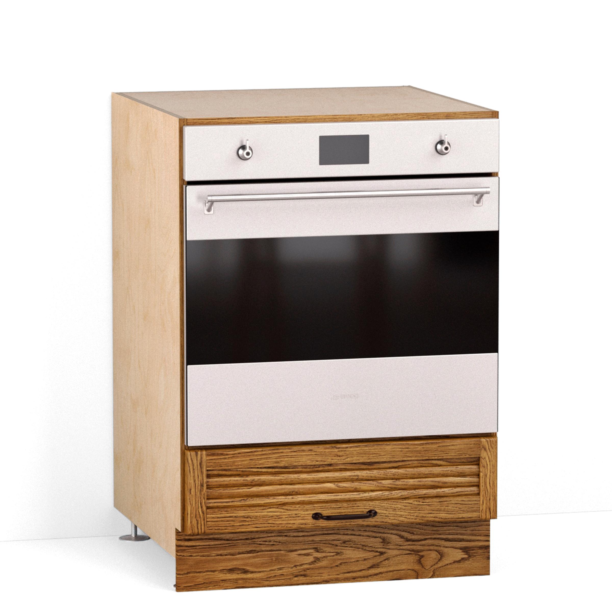 A render of an oak kitchen base cabinet from deVOL's Haberdasher's range, suitable for housing an single integrated oven.