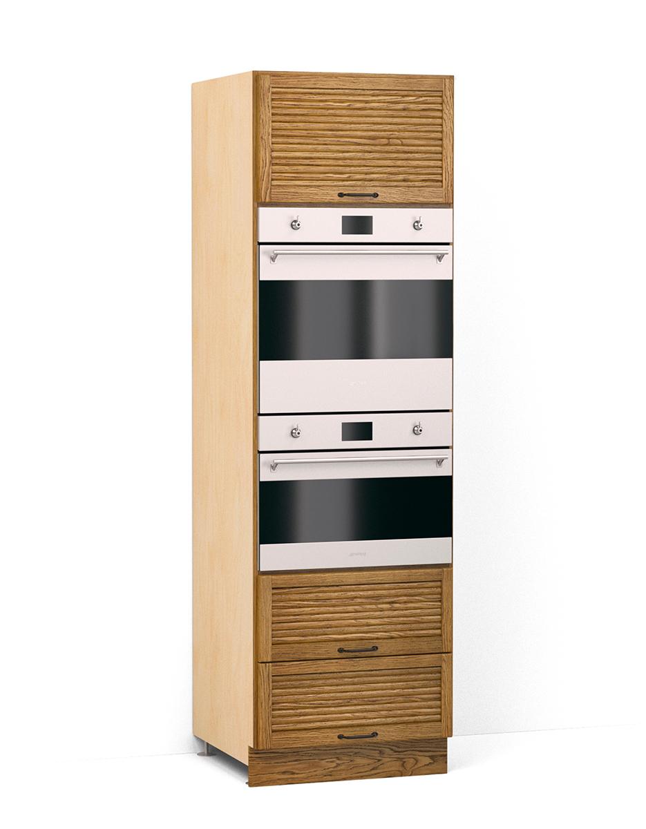 A render of an oak full height fridge/freezer cupboard from deVOL's Haberdasher's range.