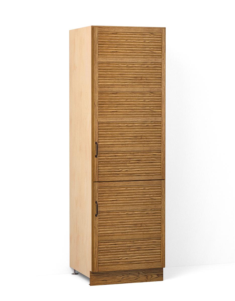 A render of an oak full height fridge/freezer cupboard from deVOL's Haberdasher's range.