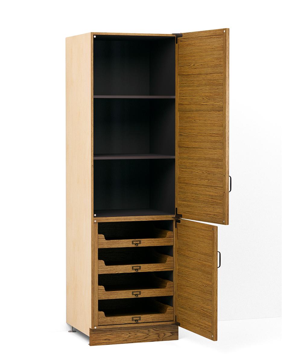 A render of an oak full height larder cupboard from deVOL's Haberdasher's range.