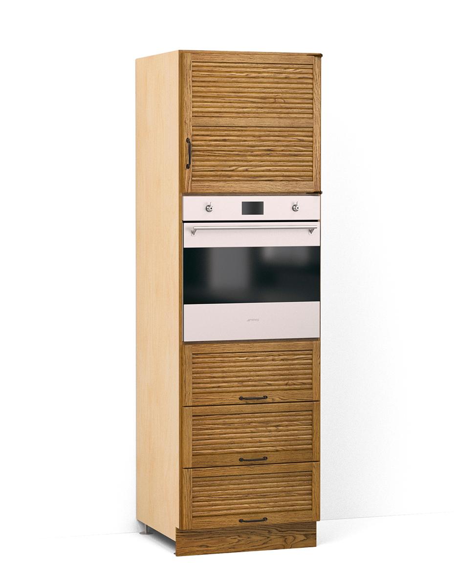 A render of an oak full height fridge/freezer cupboard from deVOL's Haberdasher's range.