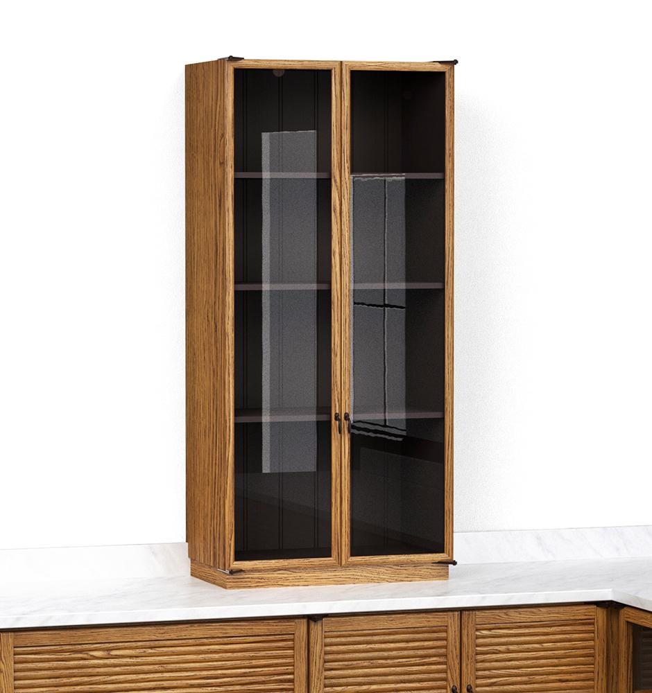 A render of an oak kitchen countertop cupboard with glazed doors from deVOL's Haberdasher's range.