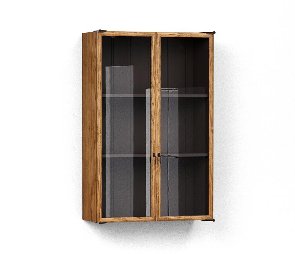 A render of an oak kitchen wall cupboard with glazed doors from deVOL's Haberdasher's range.