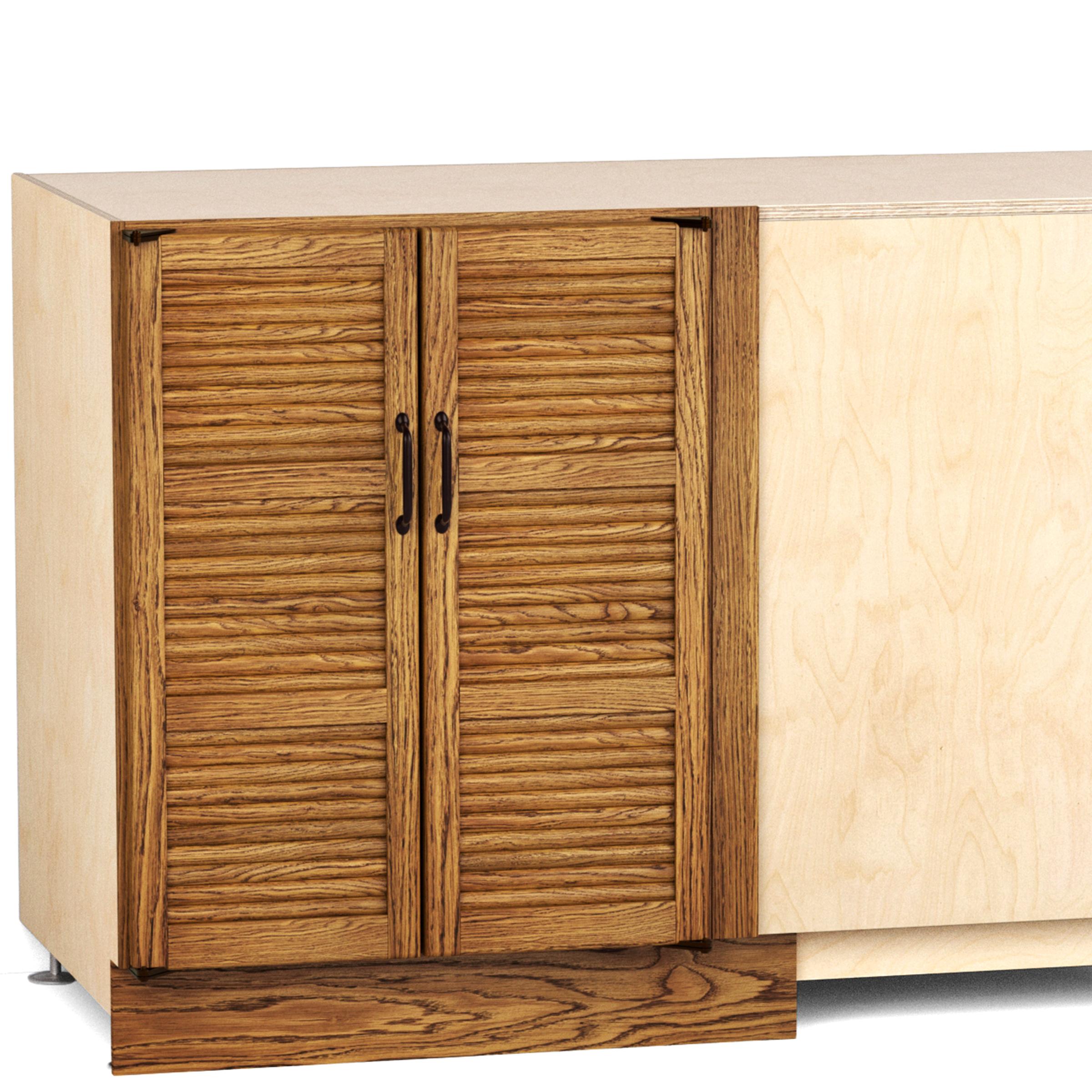 A render of an oak blind corner base cabinet with tambour doors from deVOL's Haberdasher's range.