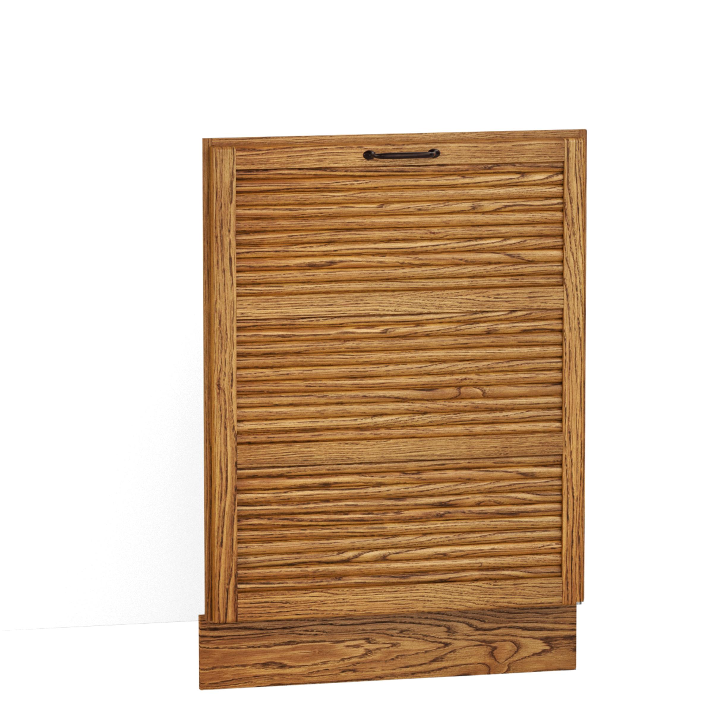 A render of an oak kitchen base cabinet tambour door and fascia from deVOL's Haberdasher's range, suitable for an integrated dishwasher.
