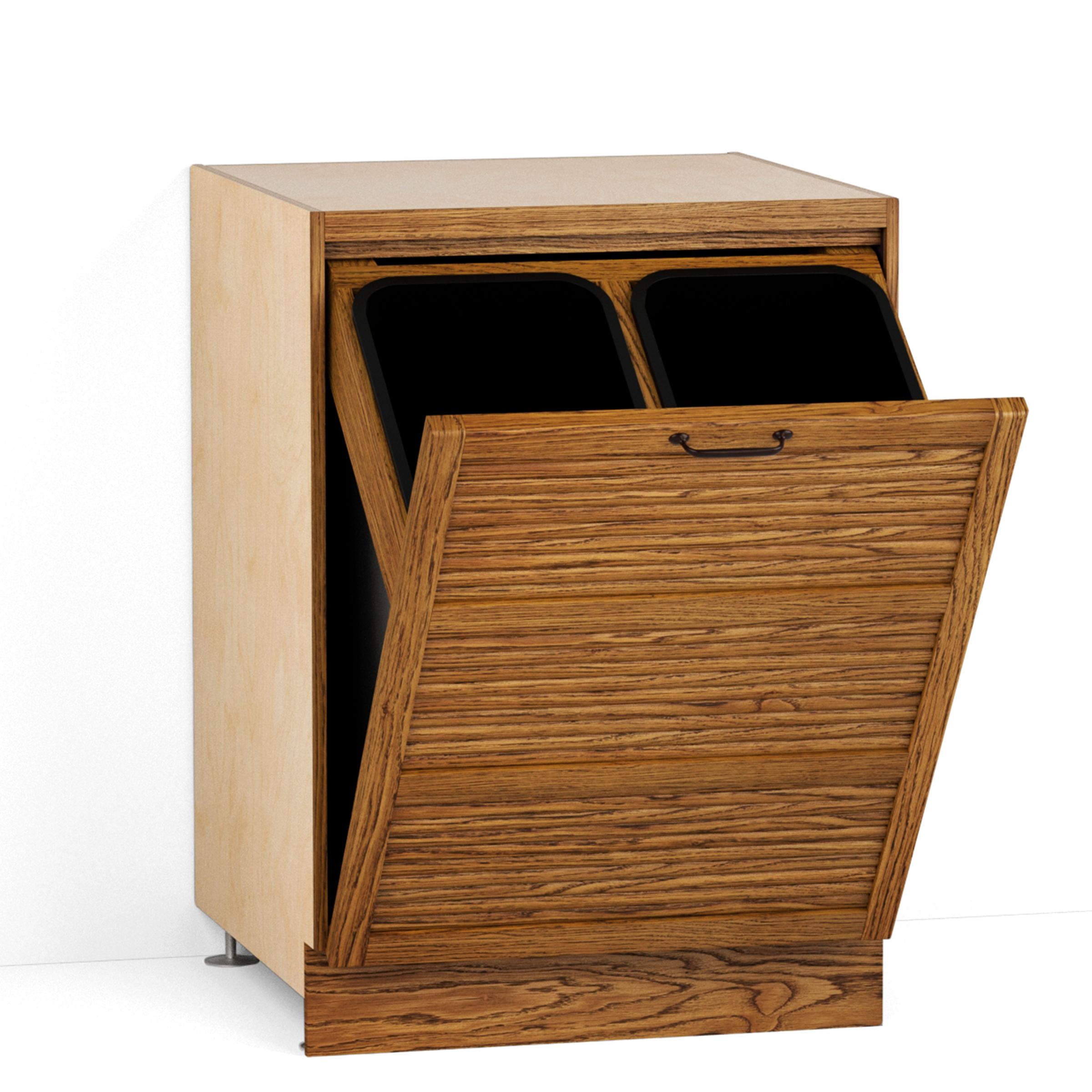 A render of an oak double bin cabinet with a tambour pull-down door from deVOL's Haberdasher's range.