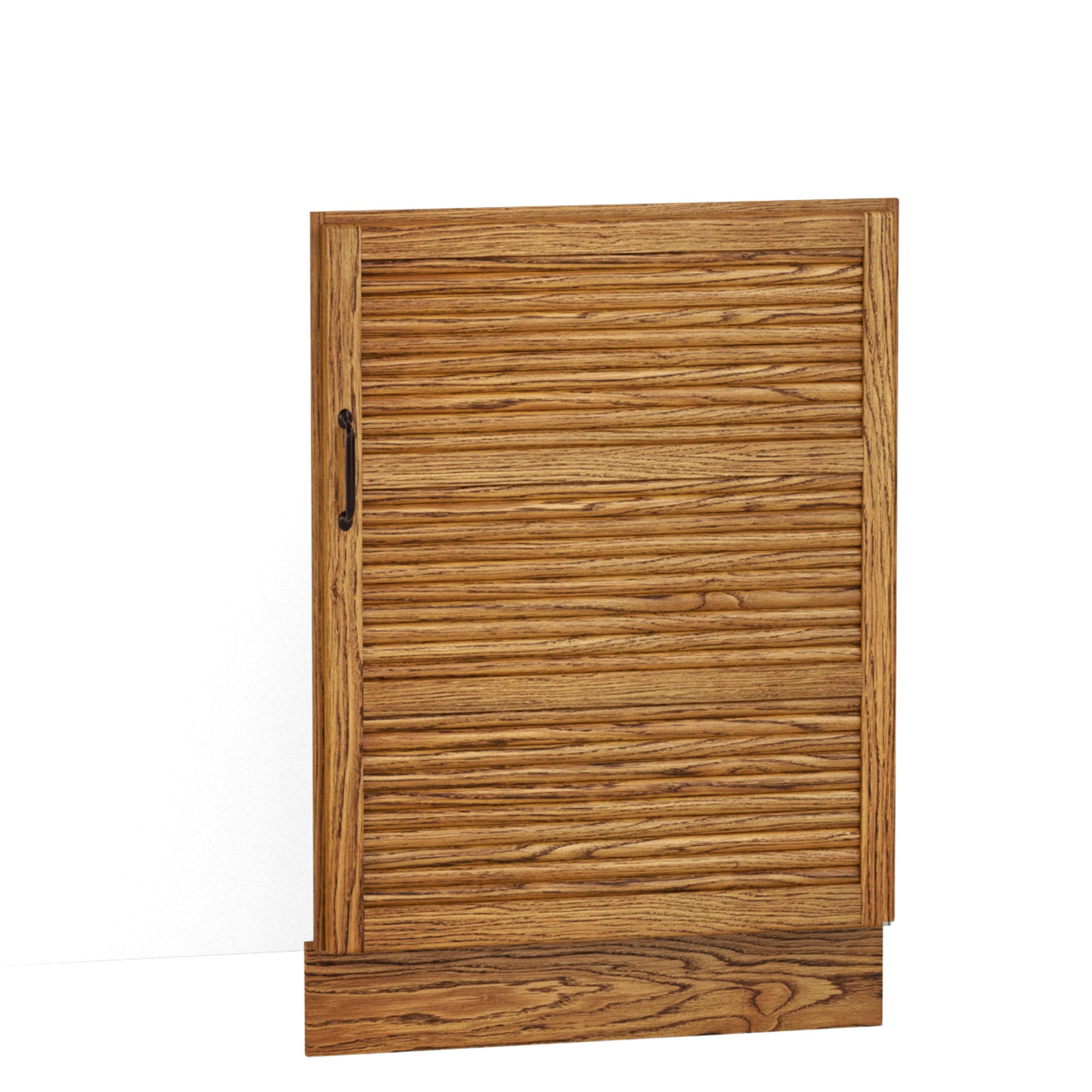 A render of an oak kitchen base cabinet tambour door and fascia from deVOL's Haberdasher's range, suitable for a fridge/freezer.