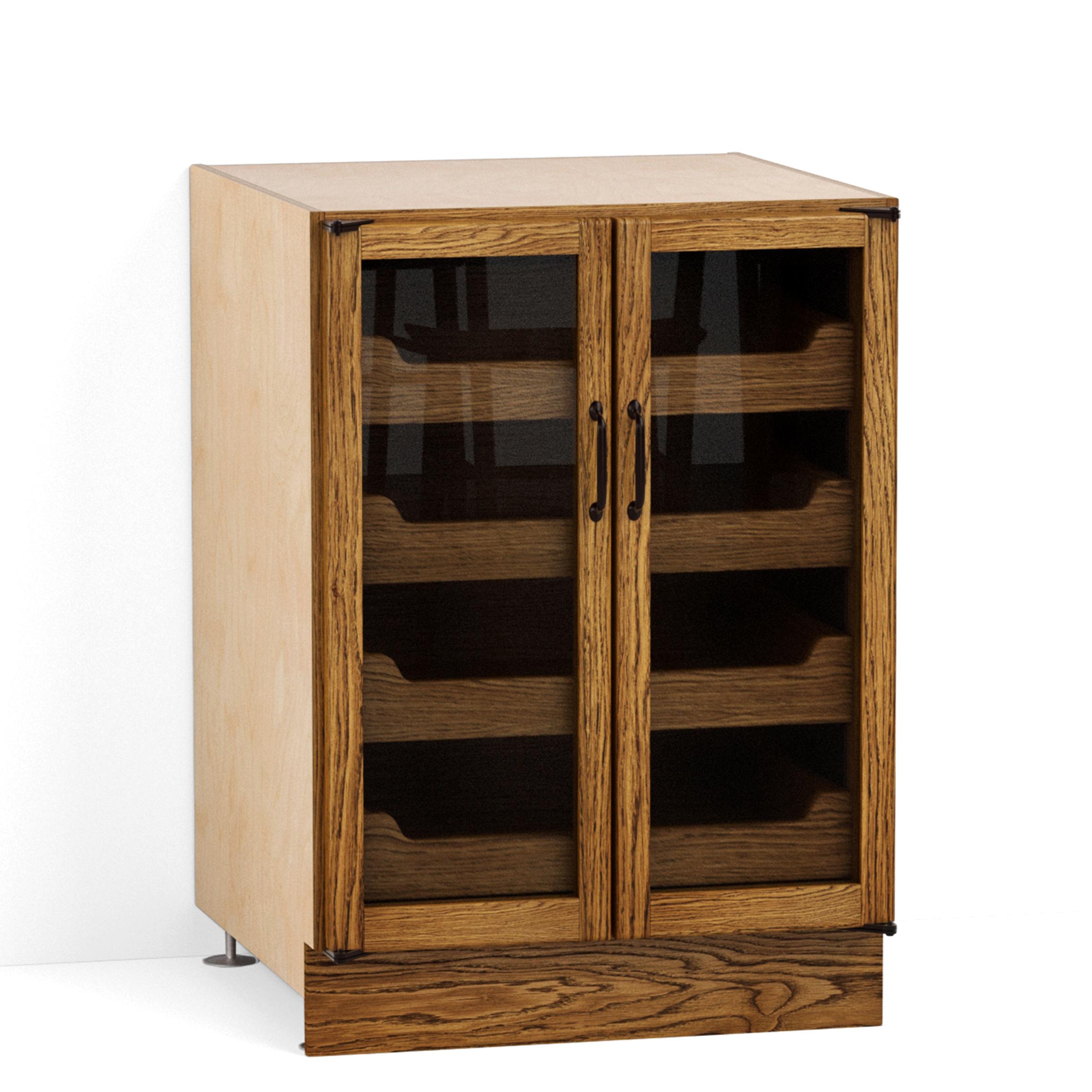 A render of an oak kitchen base cabinet with glazed doors and internal oak drawers from deVOL's Haberdasher's range.