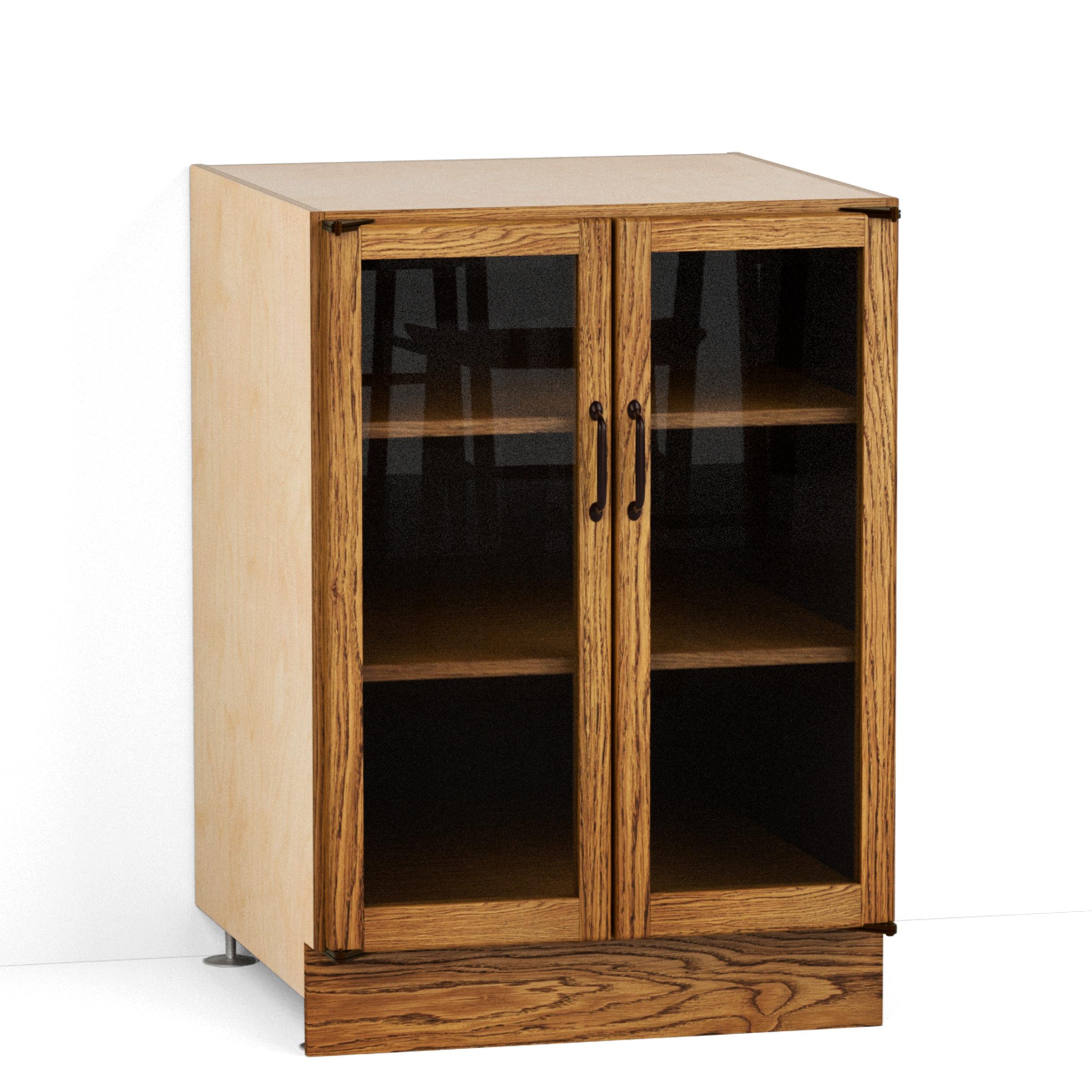 A render of an oak kitchen base cabinet with glazed doors from deVOL's Haberdasher's range.