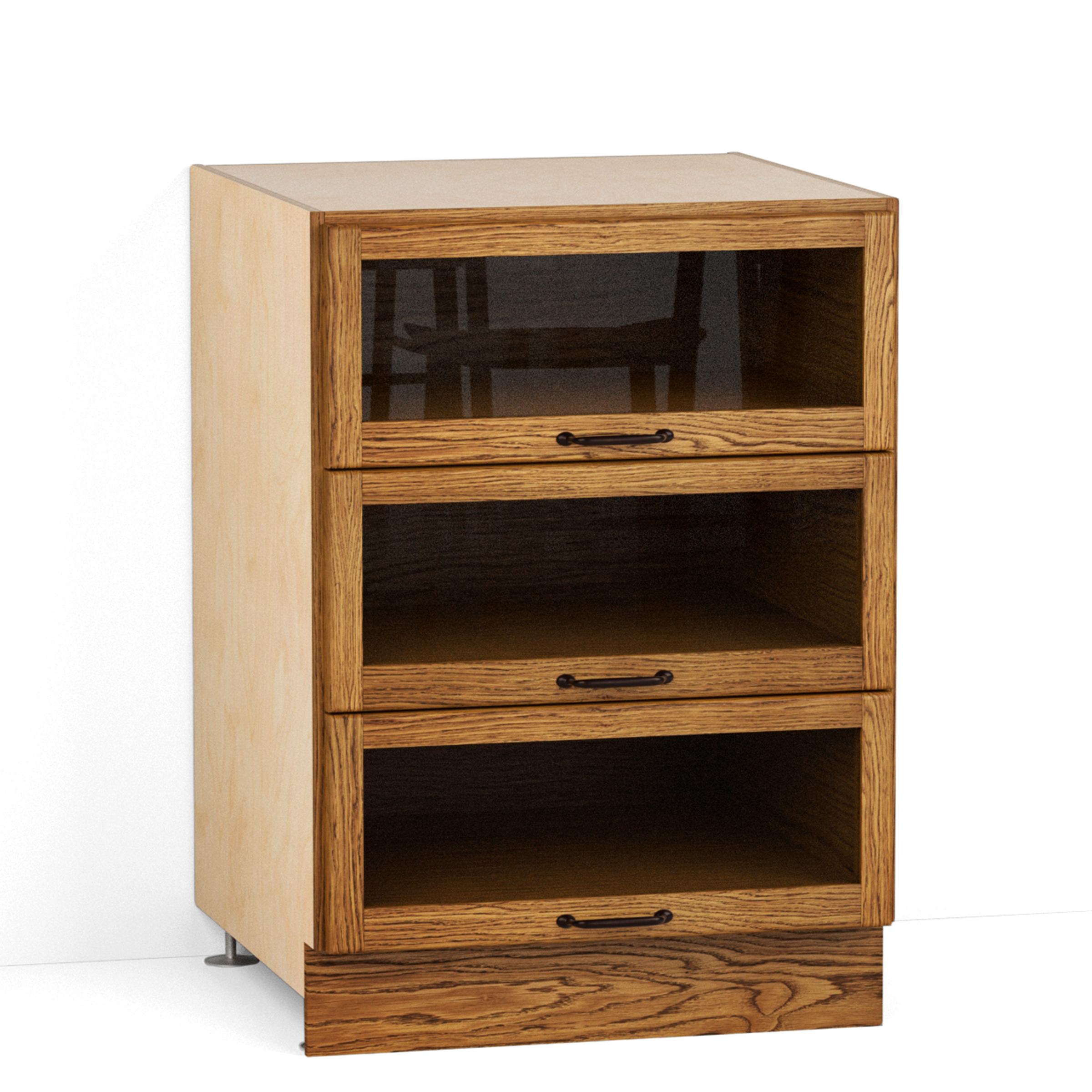 A render of an oak kitchen base cabinet with glazed drawers from deVOL's Haberdasher's range.
