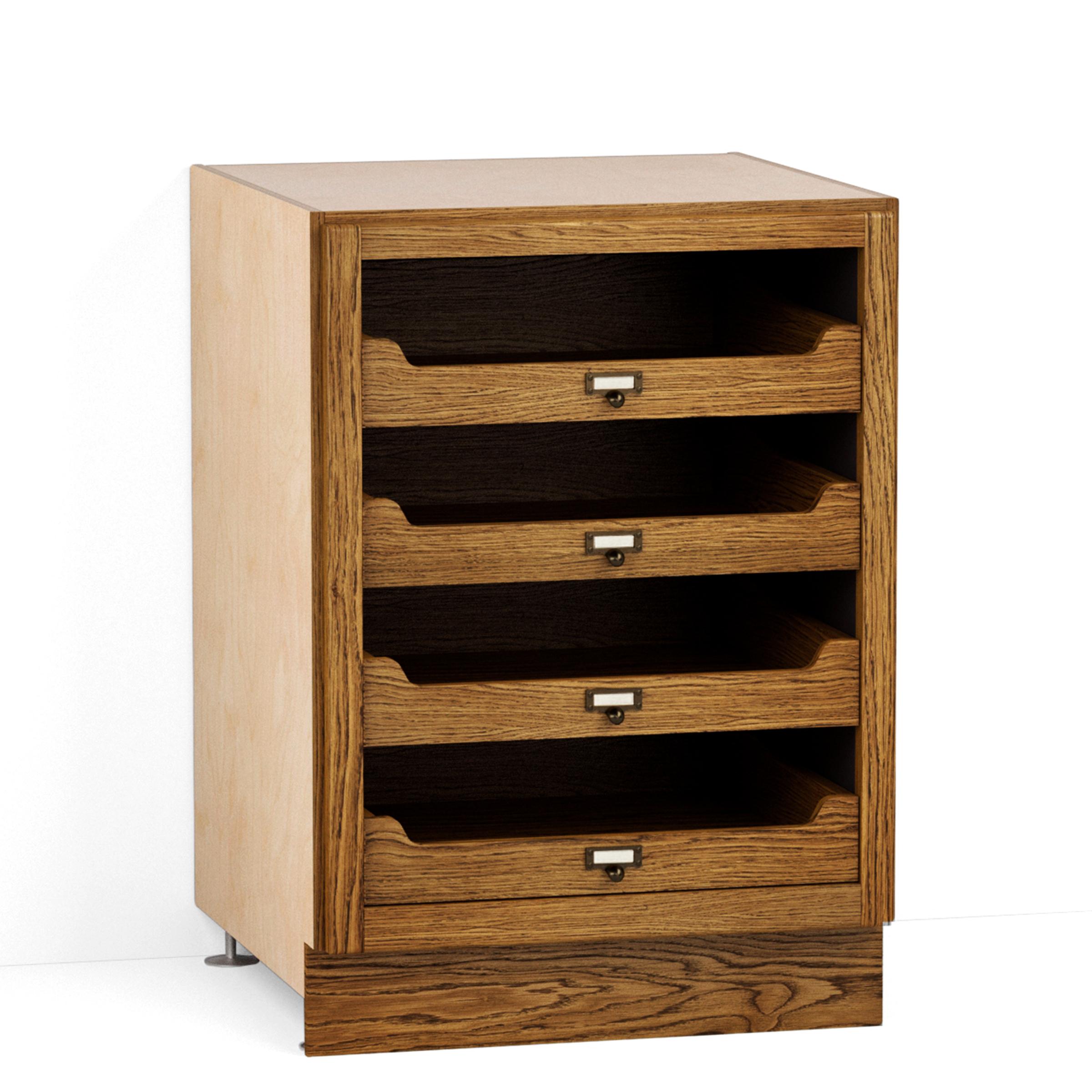 A render of an oak kitchen base cabinet with four oak drawers and no doors from deVOL's Haberdasher's range.